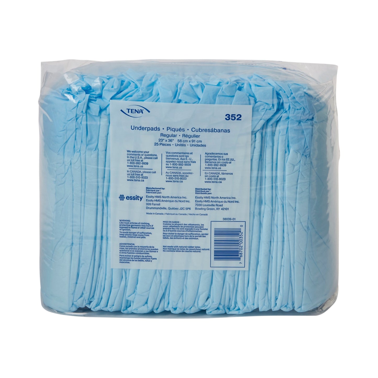 TENA Regular Underpads, Light Absorbency, Blue, Disposable, Latex-Free, 23 X 36 ", 25 ct