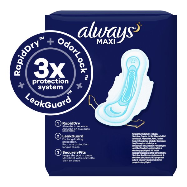 Always Maxi Pad w/ Wings Overnight Absorbency, Size 5, 20 ct.