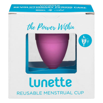 Product Packaging containing the Lunette Menstrual Cup, Cynthia, Size 2