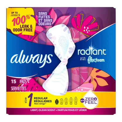 AlwaysRadiant FlexFoam w/ Wings Pads, Regular Absorbency, 15 ct.