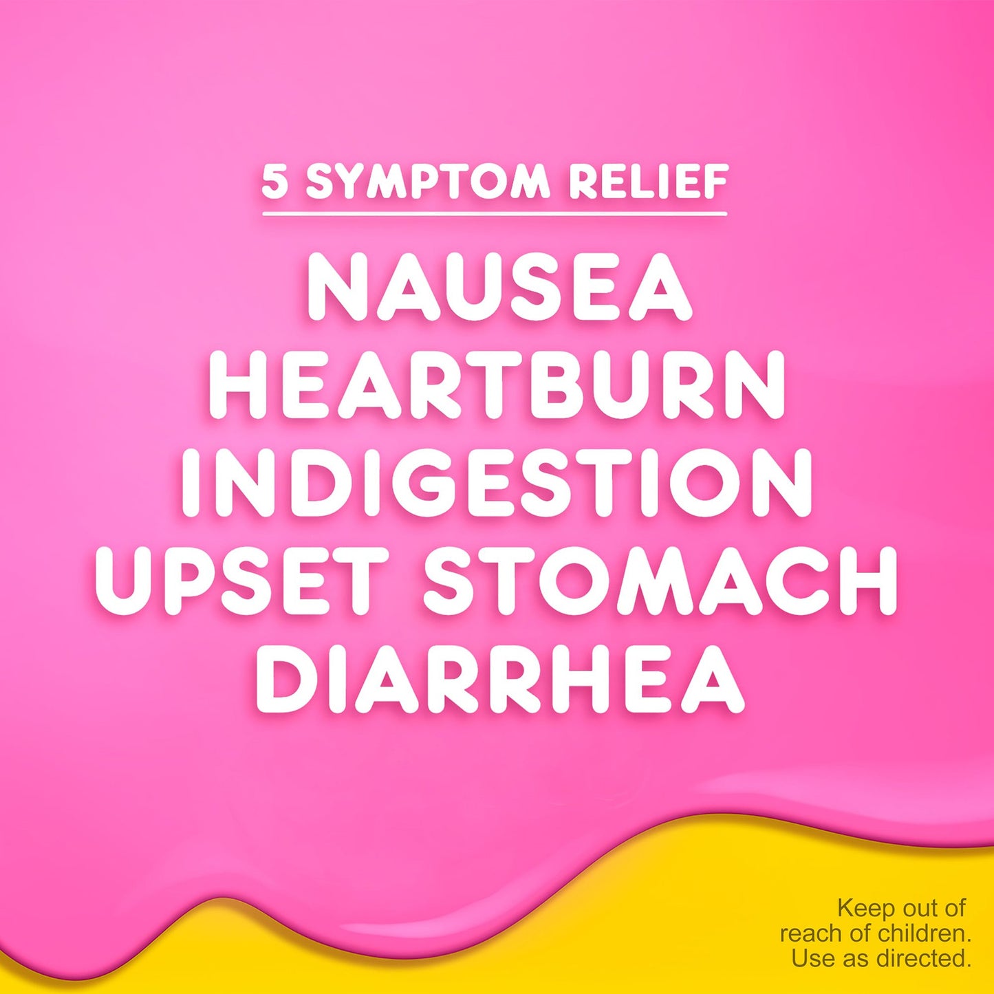 Pink background with white text listing symptoms and a yellow wave at the bottom.