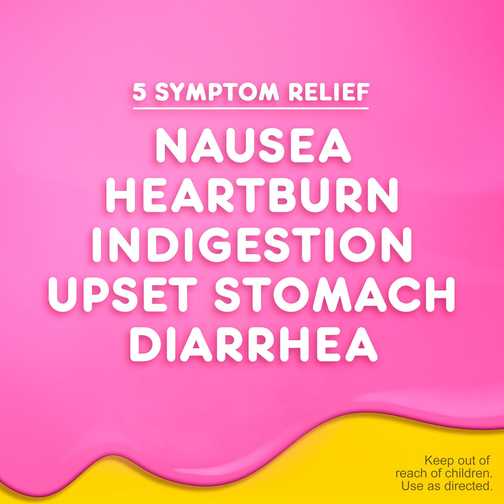 Pink background with white text listing symptoms and a yellow wave at the bottom.