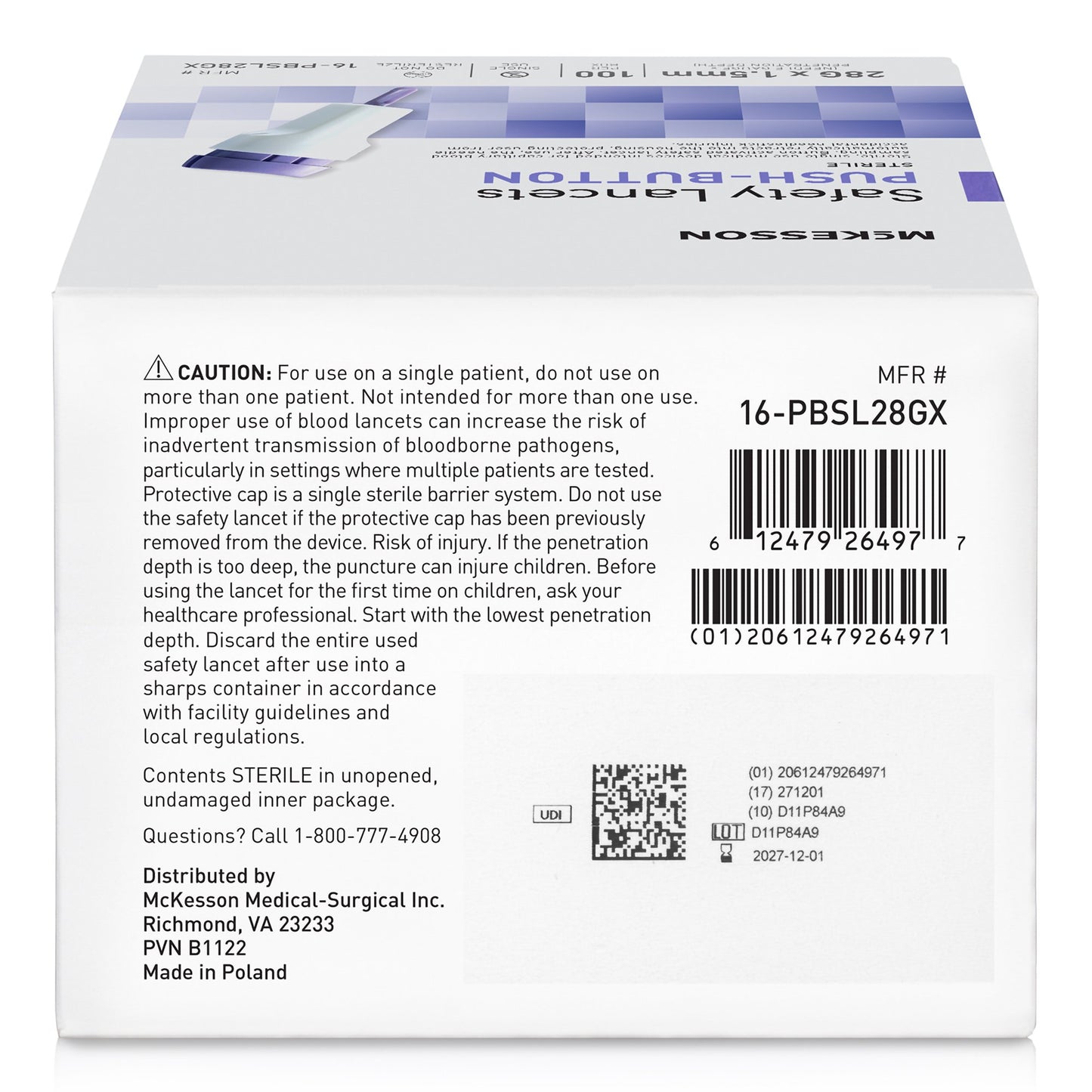 McKesson Push Button Safety Lancet, 28 Gauge, 100 ct.