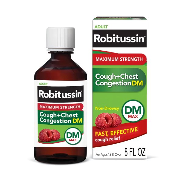 Robitussin Adult Cough + Chest Congestion DM Liquid, Raspberry, 4 oz.