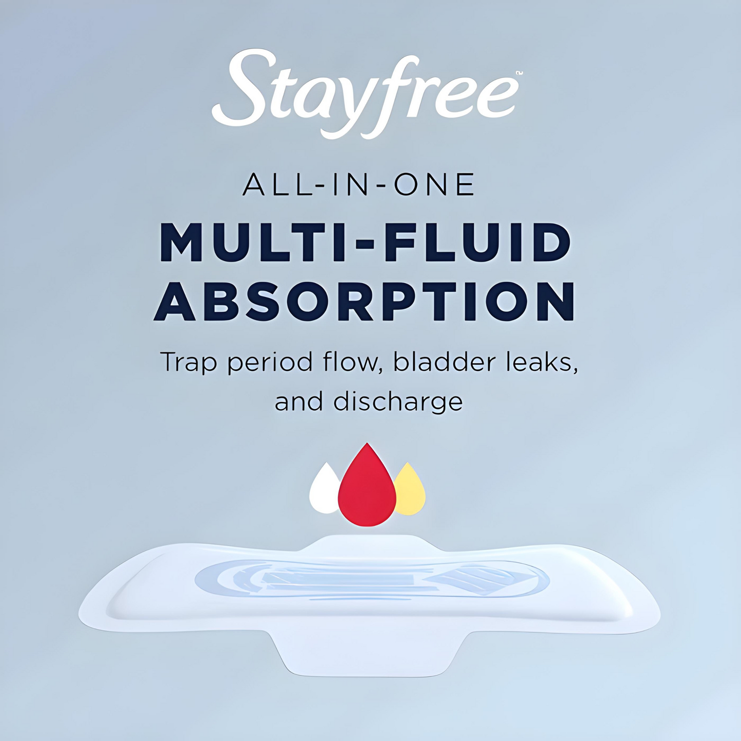 Stayfree Maxi Pad's multi-fluid absorption, effectively trapping period flow, bladder leaks, and discharge