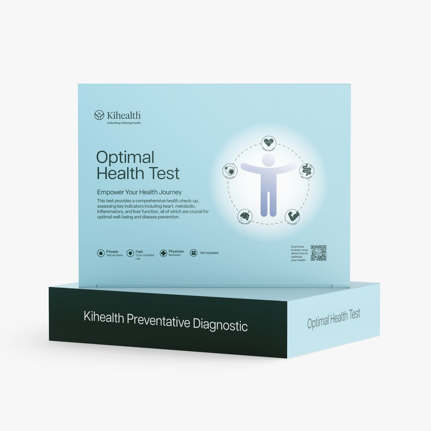 Kihealth Optimal Health Test diagnostic kit packaging, featuring a light blue box with white text and graphics, displayed on top of a dark green base box labeled 'Kihealth Preventative Diagnostic'.