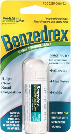 Benzedrex Nasal Decongestant Inhaler packaging showing the white inhaler stick with blue and green labeling.