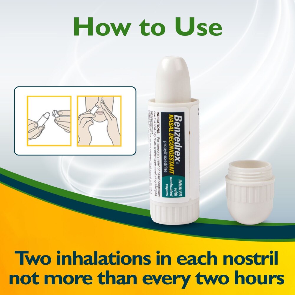 Benzatrin Nasal Decongestant Spray with usage instructions on a white background