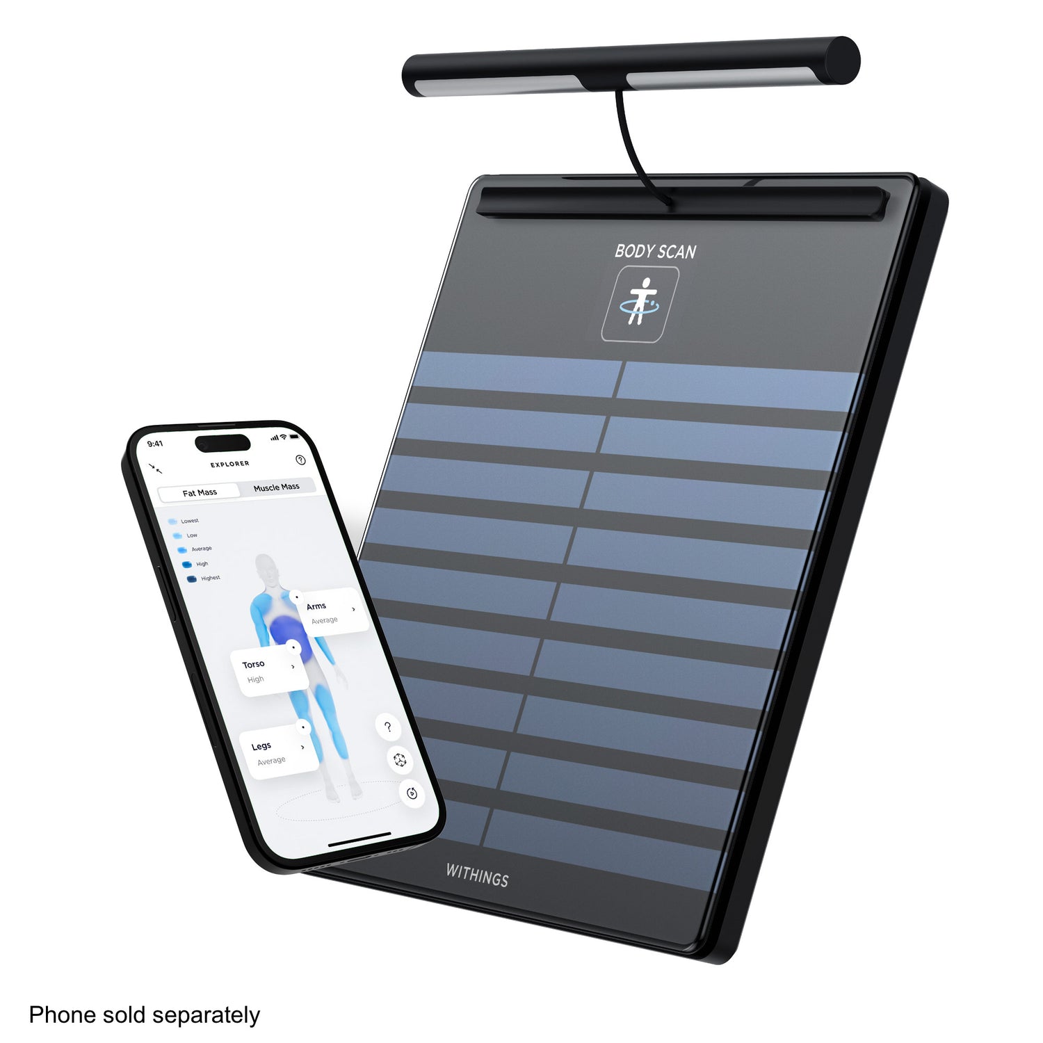 A smart scale with a color screen displaying a graphic of a person showing body composition segments. A smartphone is shown next to it with an app open, indicating connectivity for health data sync.