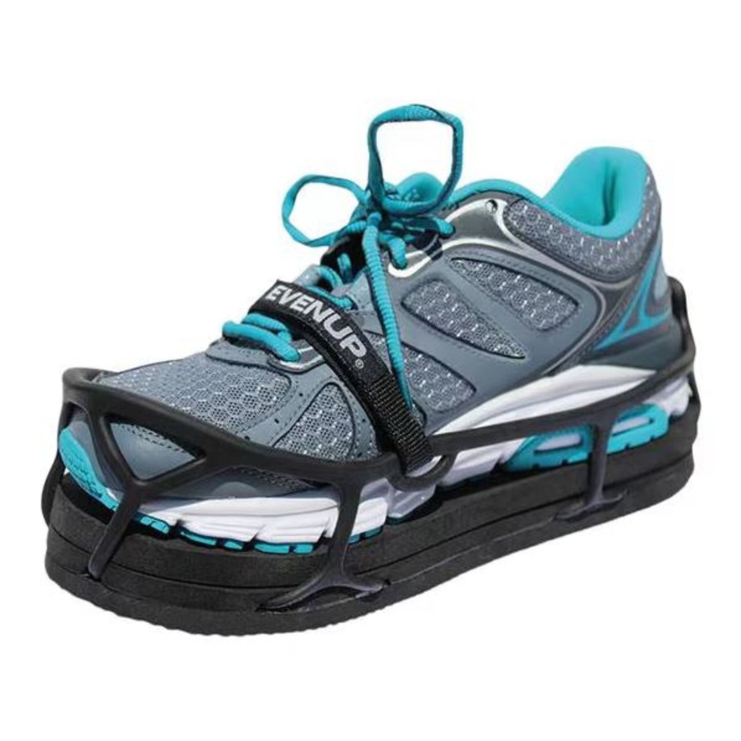 EVENup shoe leveler attached to the sole, featuring a black strap for secure fitting and an extra layer to compensate for leg length differences.