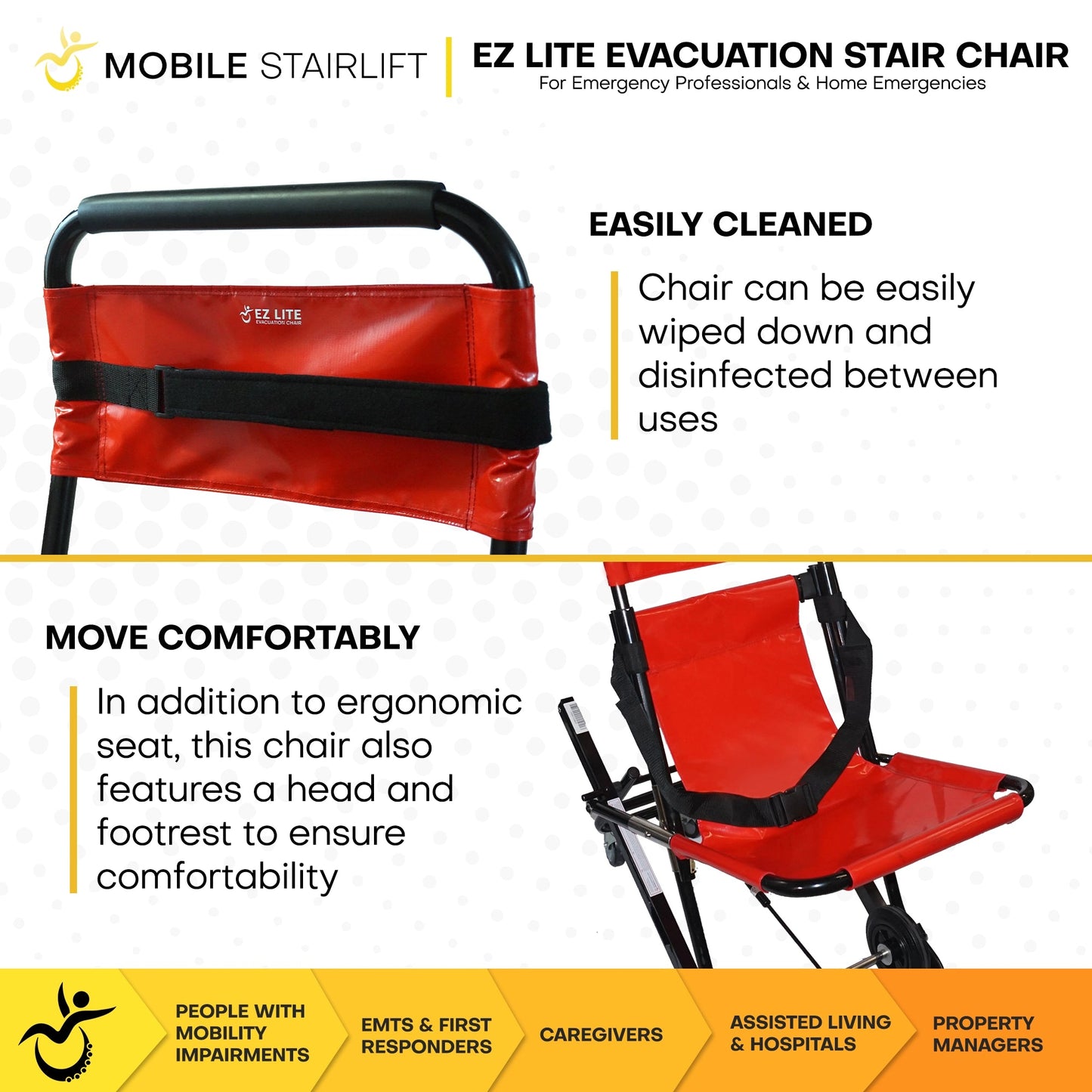 EZ LITE Tracked Evacuation Chair – Mid-Level Stair Chair for Controlled One-Operator Emergency Descent