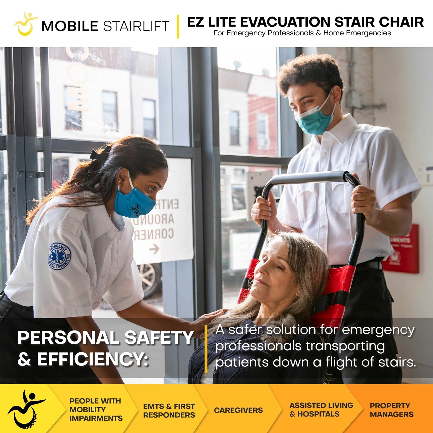 EZ LITE Tracked Evacuation Chair – Mid-Level Stair Chair for Controlled One-Operator Emergency Descent