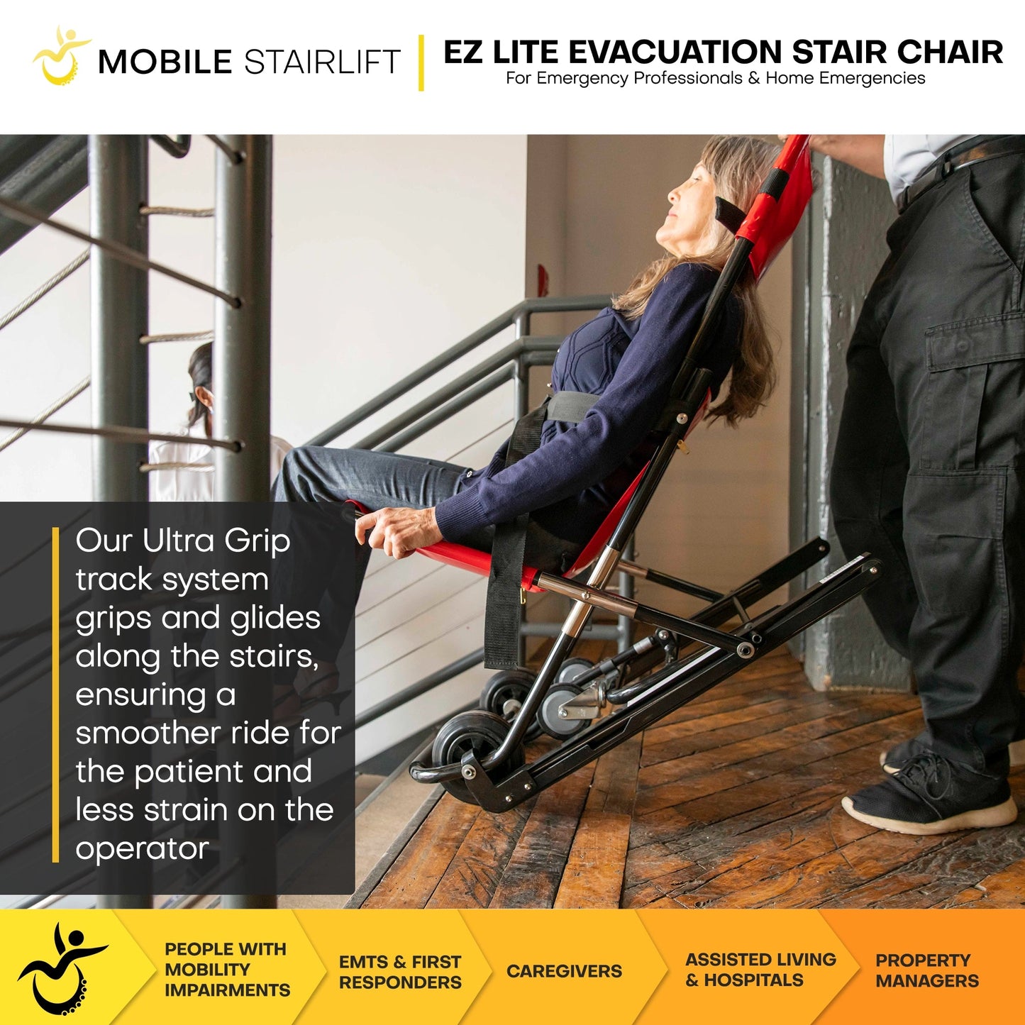 EZ LITE Tracked Evacuation Chair – Mid-Level Stair Chair for Controlled One-Operator Emergency Descent