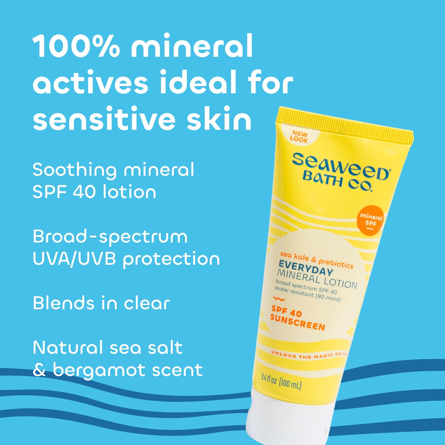 Seaweed Bath Co sunscreen lotion tube with product features on a blue background