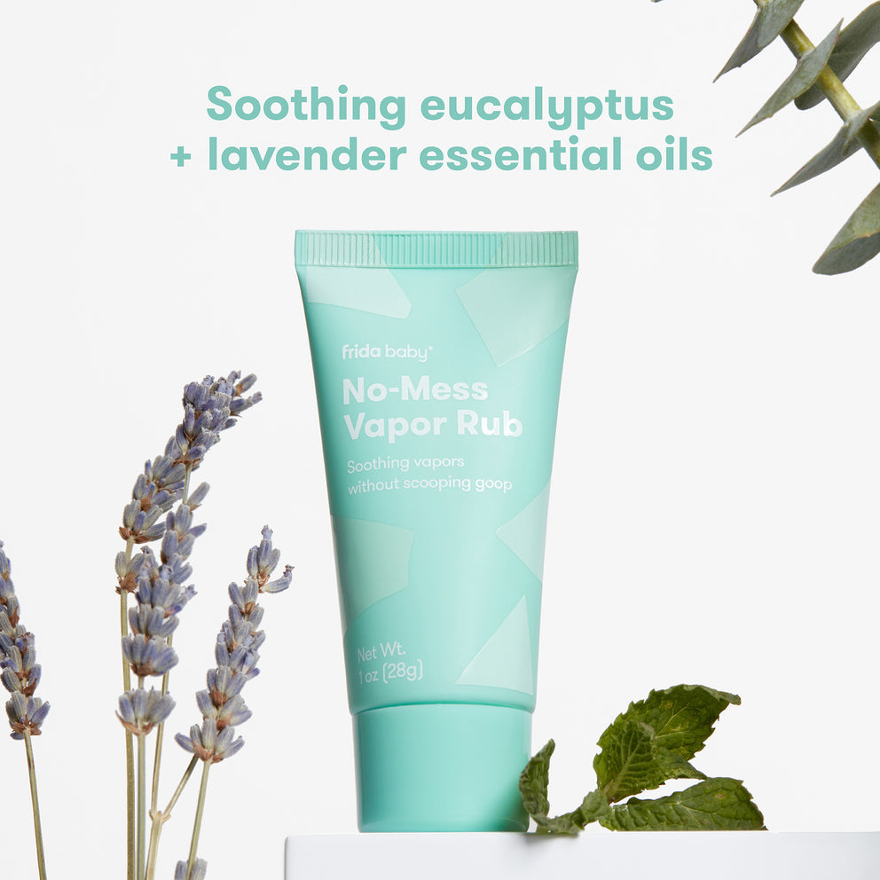 Tube of 'fiddle leafy' No-Mess Vapor Rub with eucalyptus and lavender leaves on a white background