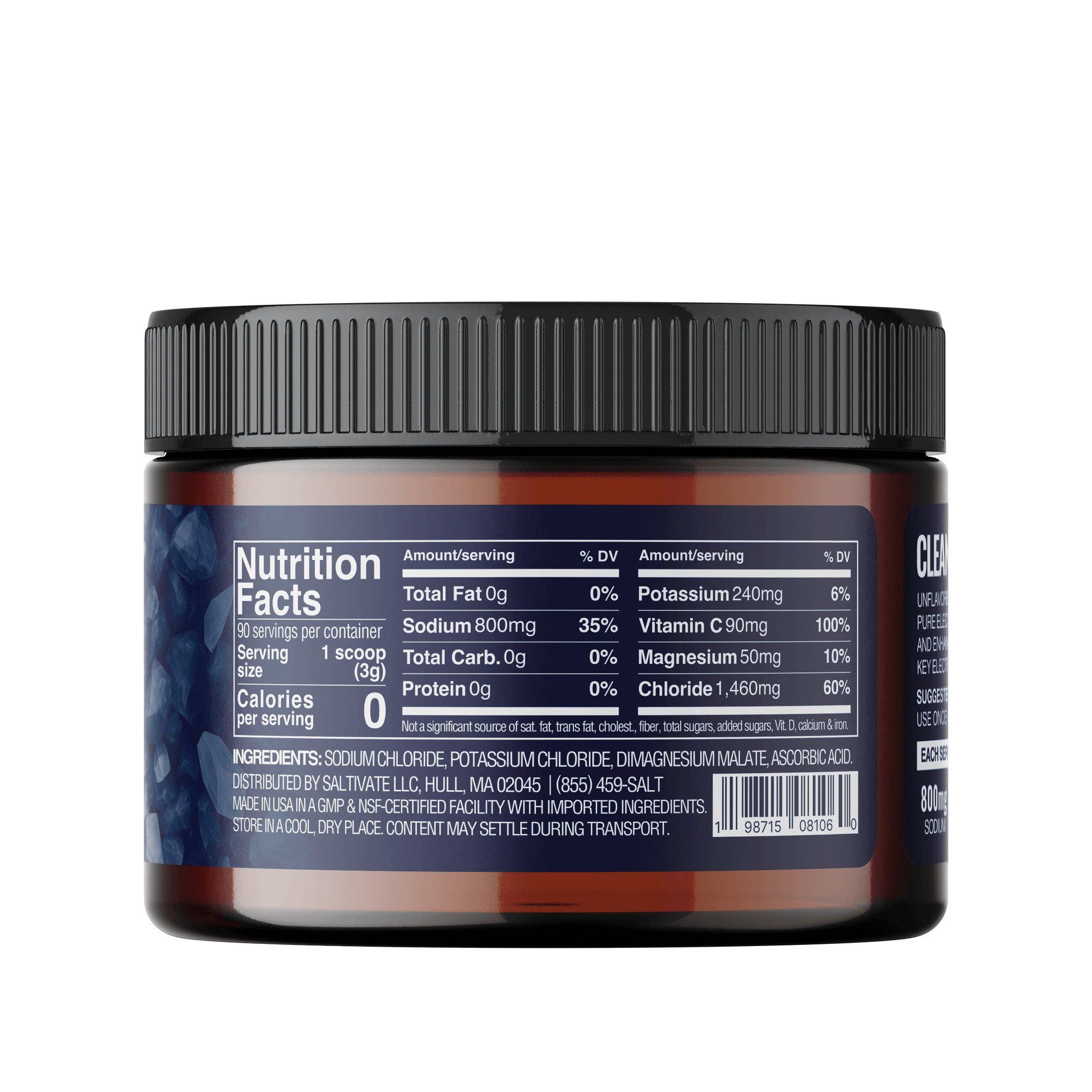 Back view of a supplement jar with nutrition facts label on a white background