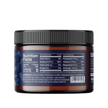 Back view of a supplement jar with nutrition facts label on a white background