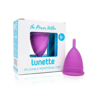 Lunette Menstrual Cup, Cynthia, Size 2 displayed in eco-friendly packaging with instructions and a carry pouch