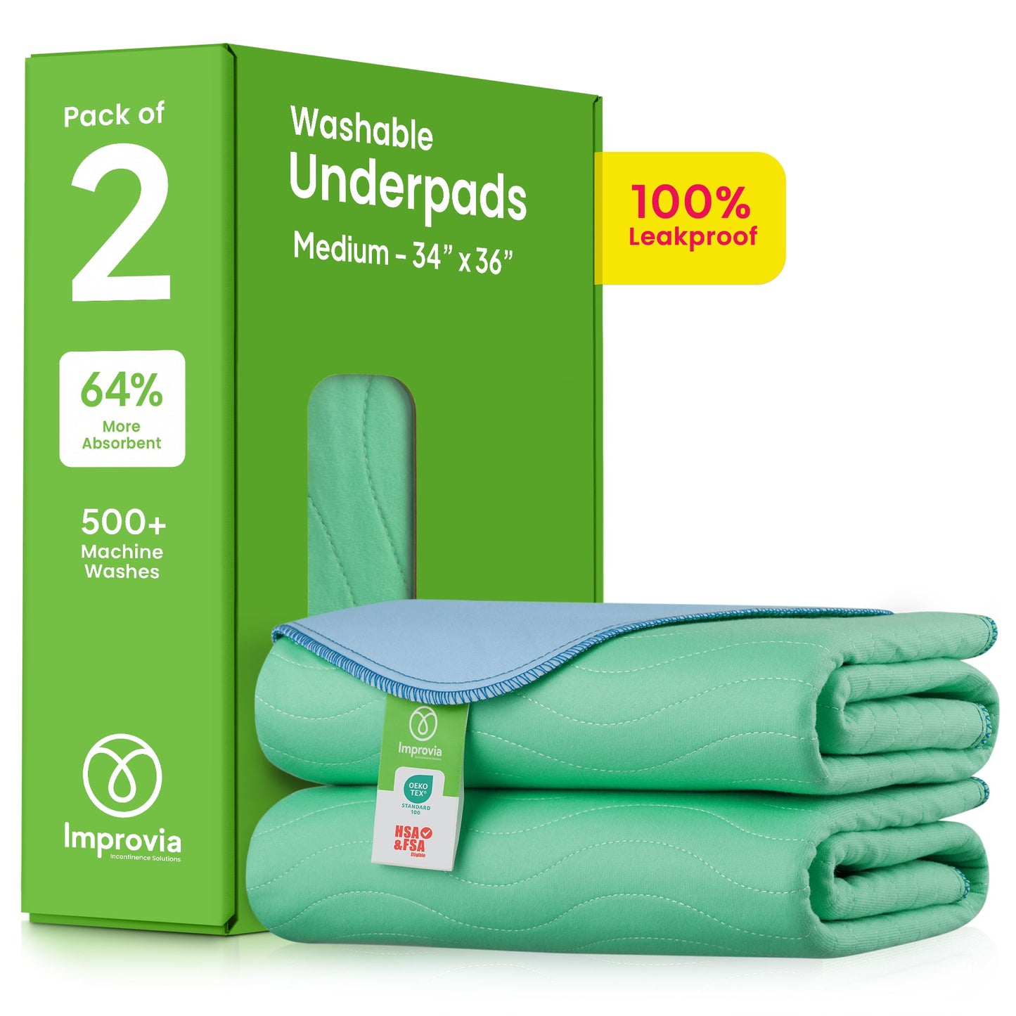 Improvia Washable Underpads, Heavy Absorbency, Green, 2 ct