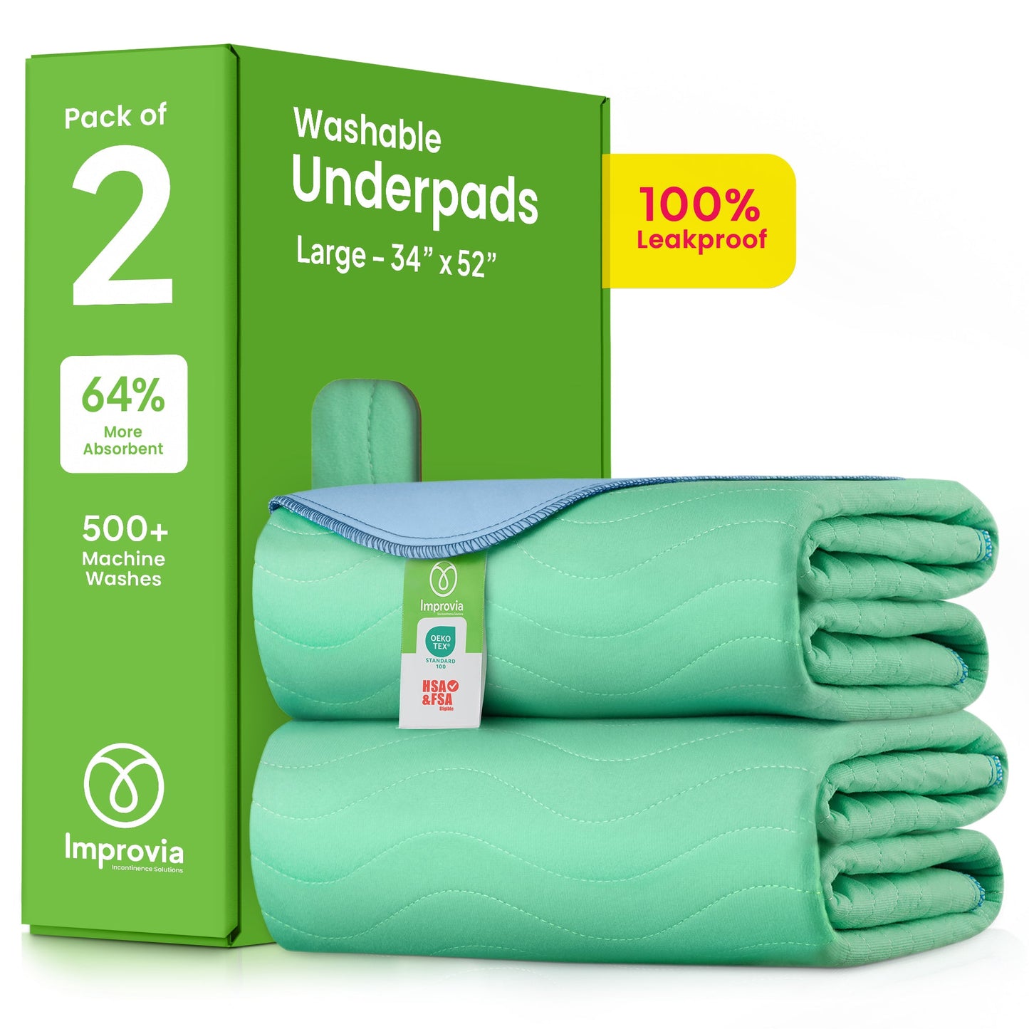 Improvia Washable Underpads, Heavy Absorbency, Green, 2 ct