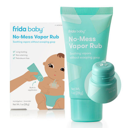 Frida Baby No-Mess Vapor Rub packaging with a tube and box on a white background