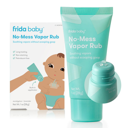 Frida Baby No-Mess Vapor Rub packaging with a tube and box on a white background