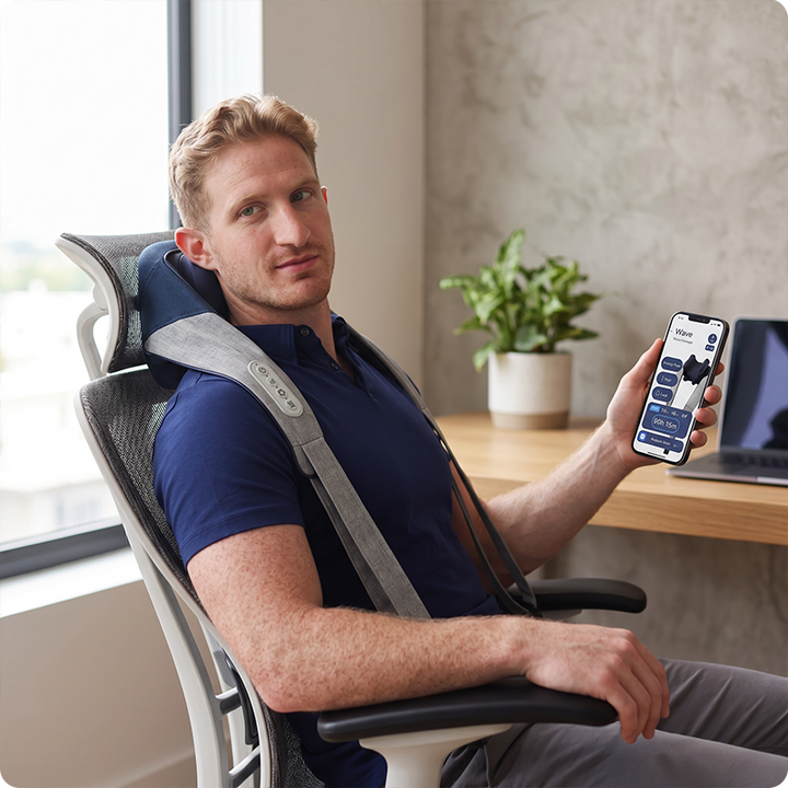A man sitting in a modern office chair wearing a neck and upper back massage device, holding a smartphone that displays the companion app. The setting is a bright, contemporary home office with a desk, laptop, and potted plant in the background.