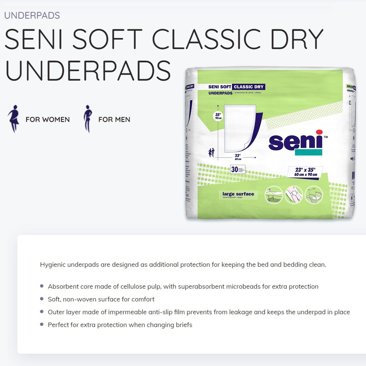 Seni® Soft Classic Dry Underpad, 23 x 35 Inch, 30 ct