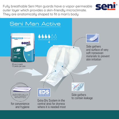 Seni® Man Light to Moderate Absorbency Incontinence Liner, 11.2-Inch Length, 30 ct