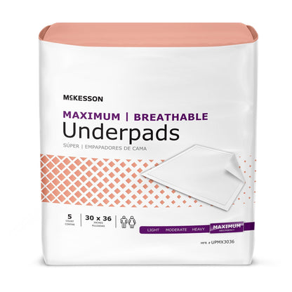 McKesson Ultimate Breathable Underpads, Maximum Protection, Heavy Absorbency, 30" x 36", White, 5 ct