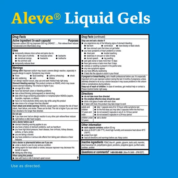 Aleve Liquid Gel Capsules for Pain Relief and Fever Reducer