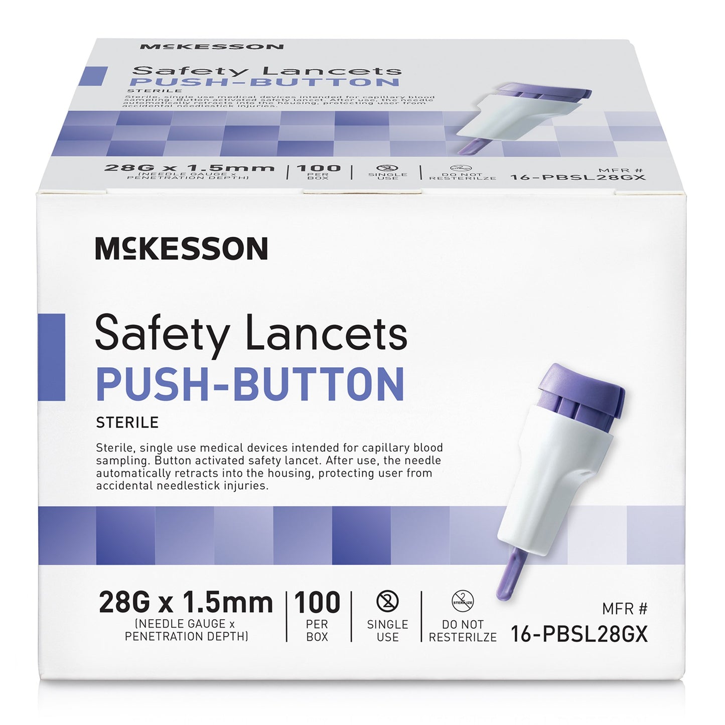 McKesson Push Button Safety Lancet, 28 Gauge, 100 ct.