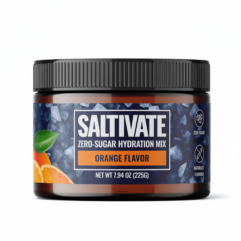 Jar of Saltivate zero-sugar hydration mix with orange flavor on a gray background