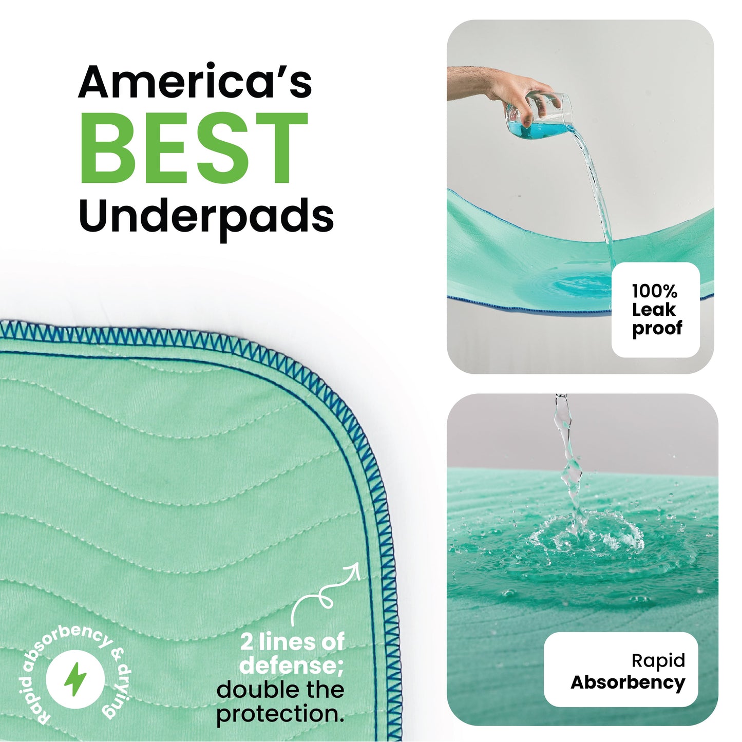 Improvia Washable Underpads, Heavy Absorbency, Green, 2 ct