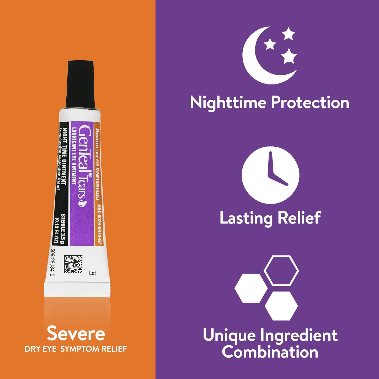 Tube of Gentle Tears eye drops on an orange and purple background with product features listed.