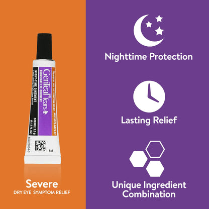 Tube of Gentle Tears eye drops on an orange and purple background with product features listed.