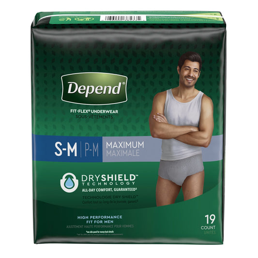 Depend FIT-FLEX Absorbent Underwear for Men, Small/Medium, Pull-On, Gray, Disposable, 19EA ct