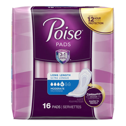 Poise Bladder Control Pads, Adult Women, Moderate Absorbency, Disposable, 12.4" Length, 16 ct