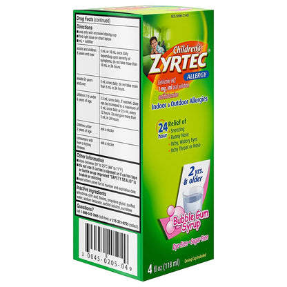 Children's Zyrtec Cetirizine Allergy Relief, Bubble Gum, 4 oz.