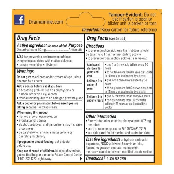 Dramamine Motion Sickness Nausea Relief Chewable, Orange, 8 ct.