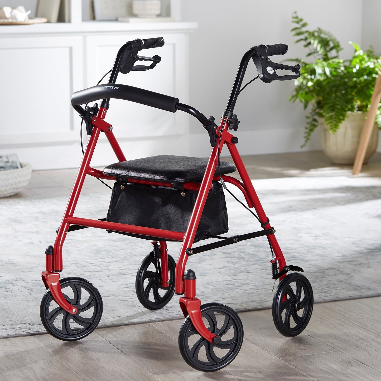 McKesson Folding Steel 4 Wheel Rollator, 12" Seat Width, Red