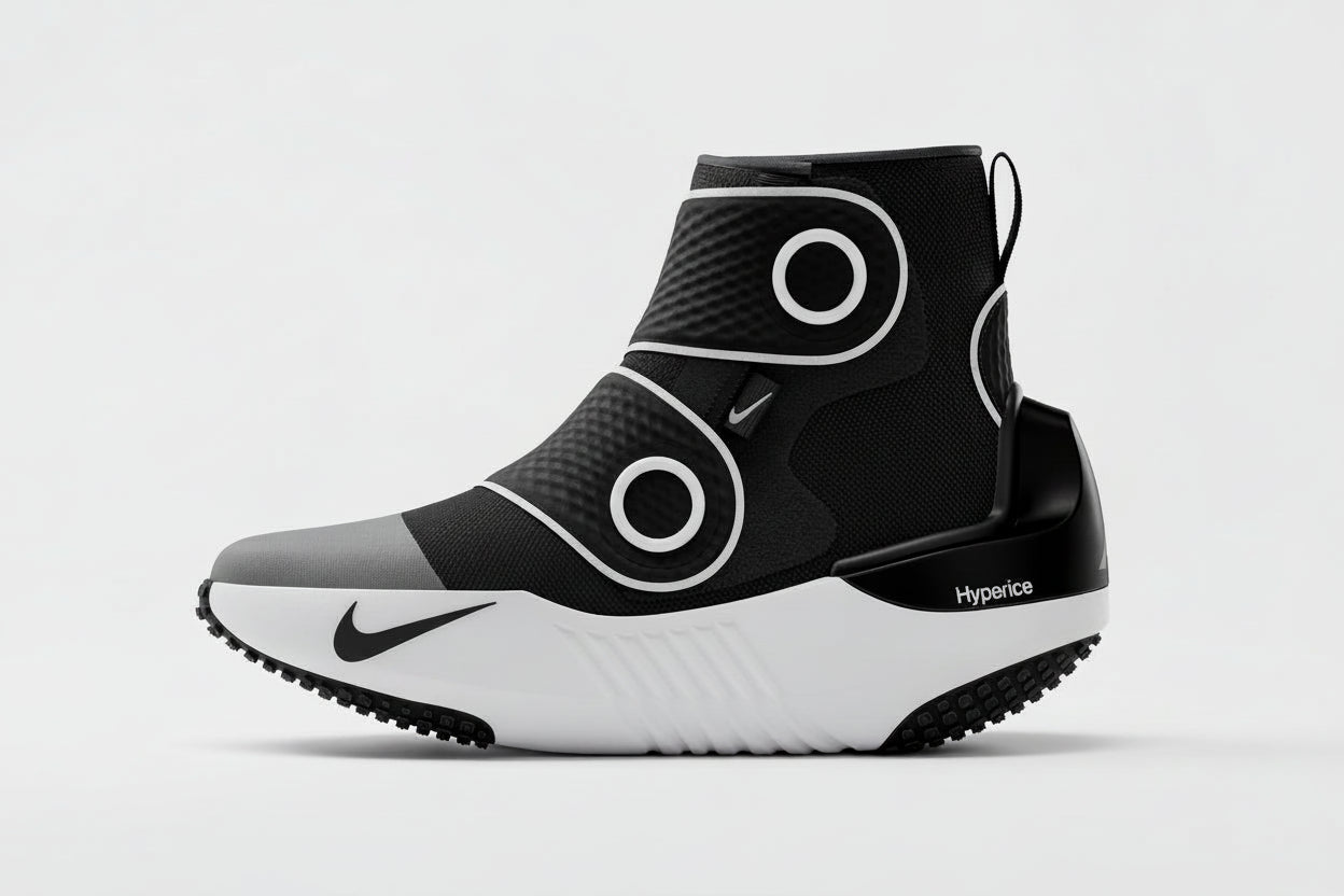 Black and white sneaker with Nike logo on a gray background, fsa and hsa eligible foot recovoery device