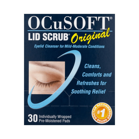 OCuSOFT Lid Scrub Original, 30-count box of pre-moistened eyelid cleansing pads, used to remove oil, debris, and pollen from eyelids, suitable for daily hygiene and mild-to-moderate conditions.