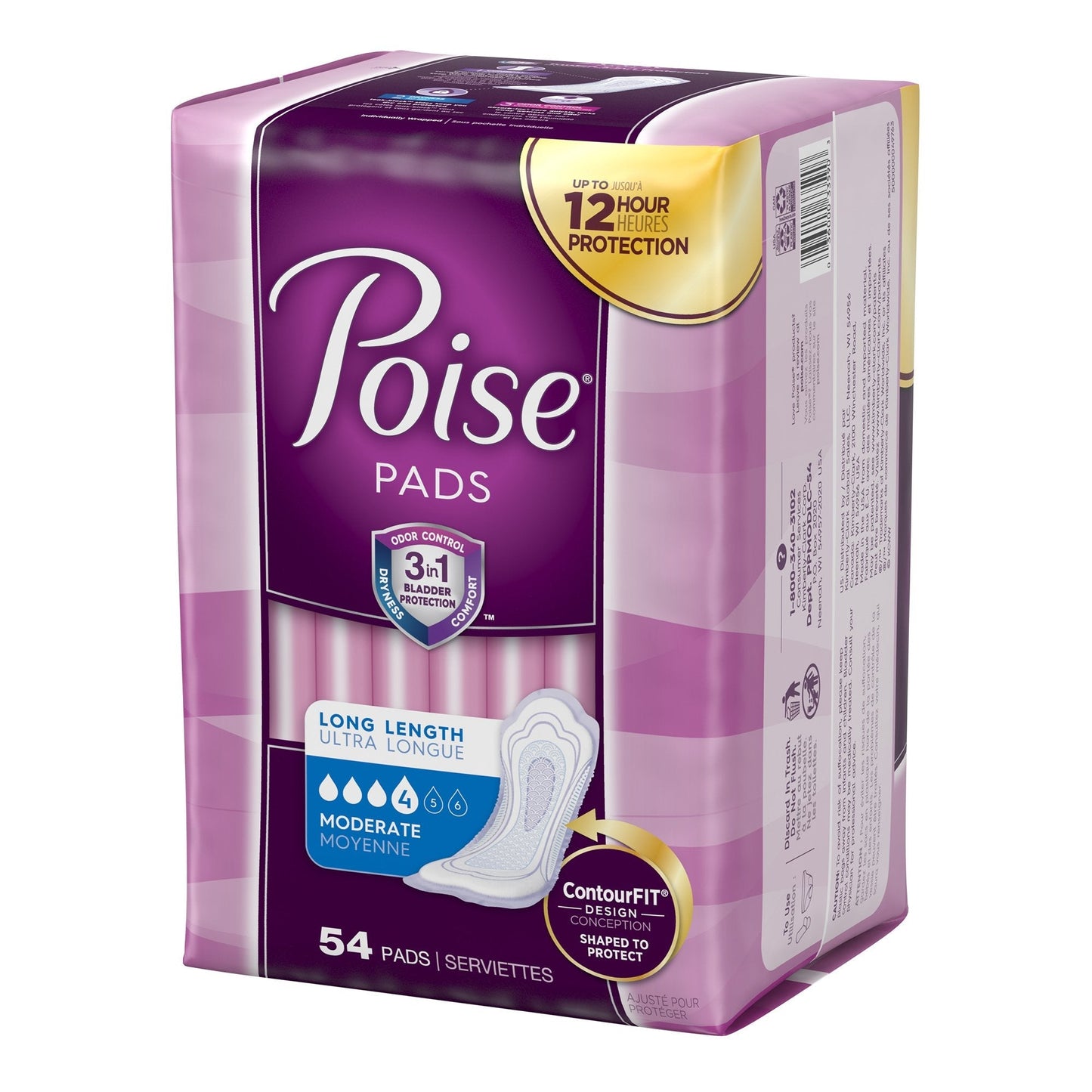 Poise Bladder Control Pads, Adult Women, Moderate Absorbency, Disposable, 12.20" Length, 54 ct