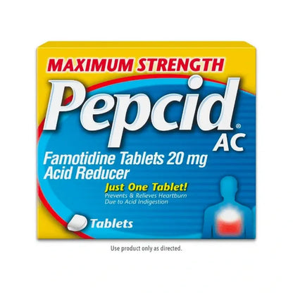 Pepcid AC Maximum Strength acid reducer packaging on a white background. 20 mg strength famotidine tablets