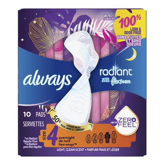 Always Radiant Overnight Pads w/ Flexi-Wings, Size 4, 10 ct.