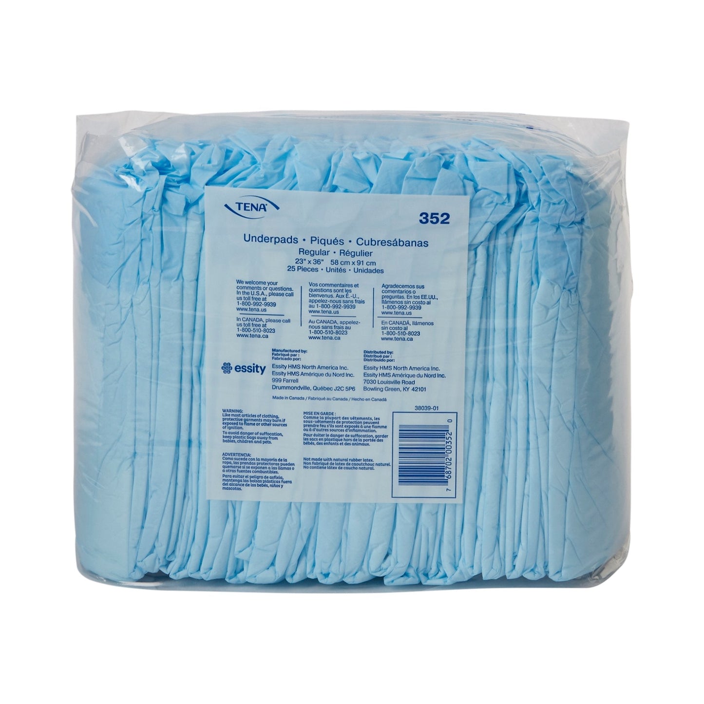 TENA Regular Underpads, Light Absorbency, Blue, Disposable, Latex-Free, 23 X 36 ", 25 ct