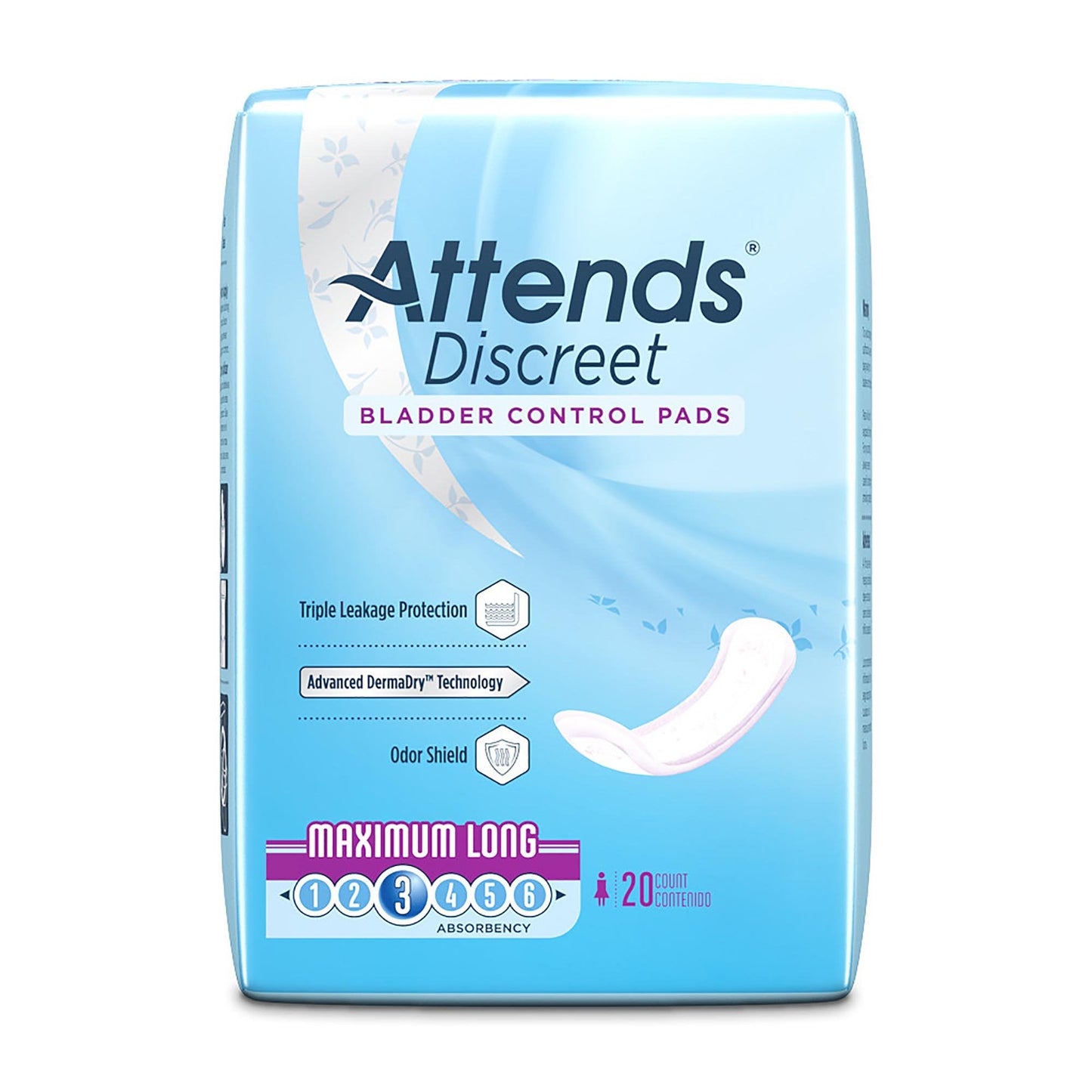 Attends® Discreet Women's Maximum Long Bladder Control Pad, 14.5" Length, 20 ct