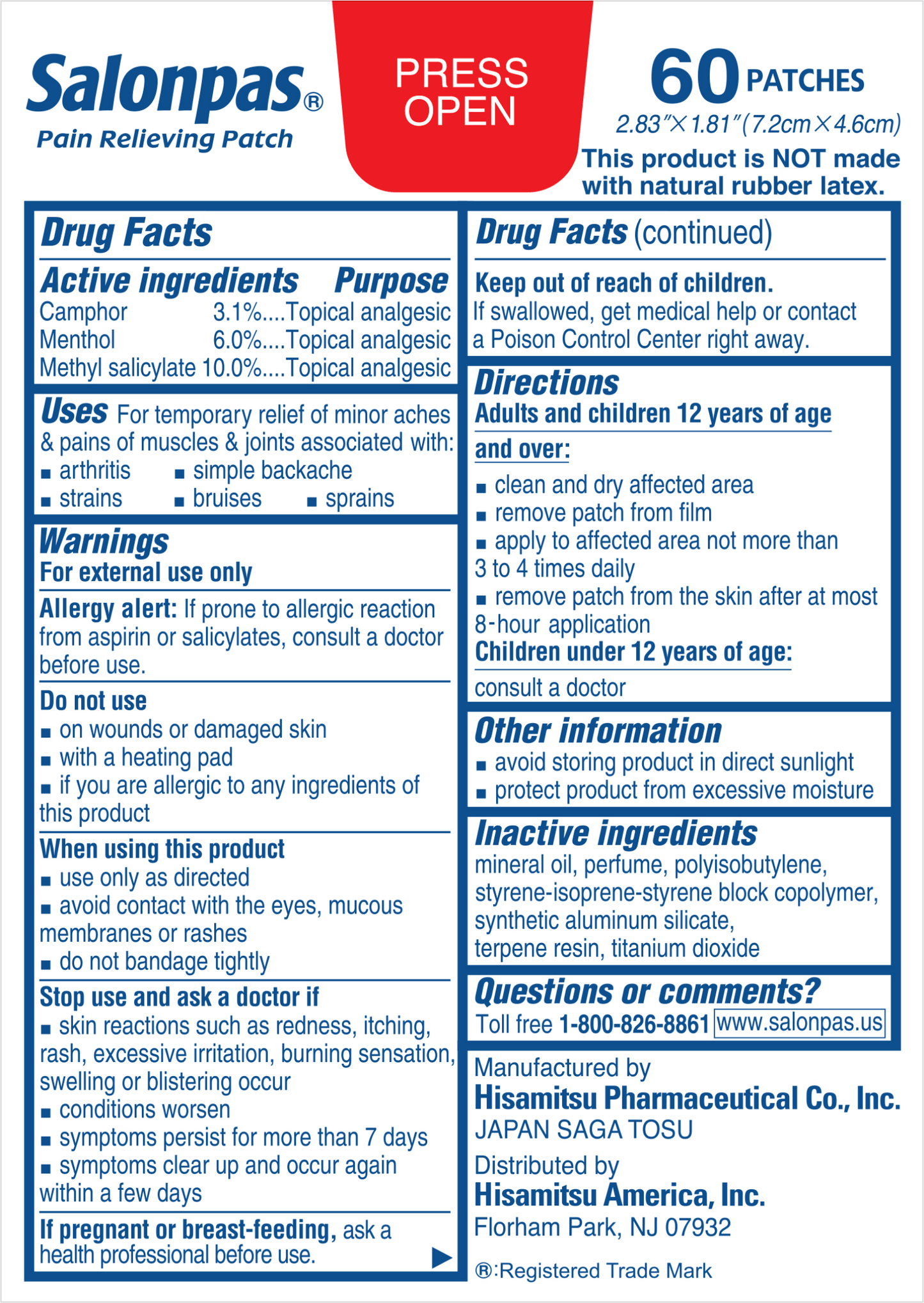 Salonpas® Pain Relieving Patch, 8 Hour Relief, 60 ct.