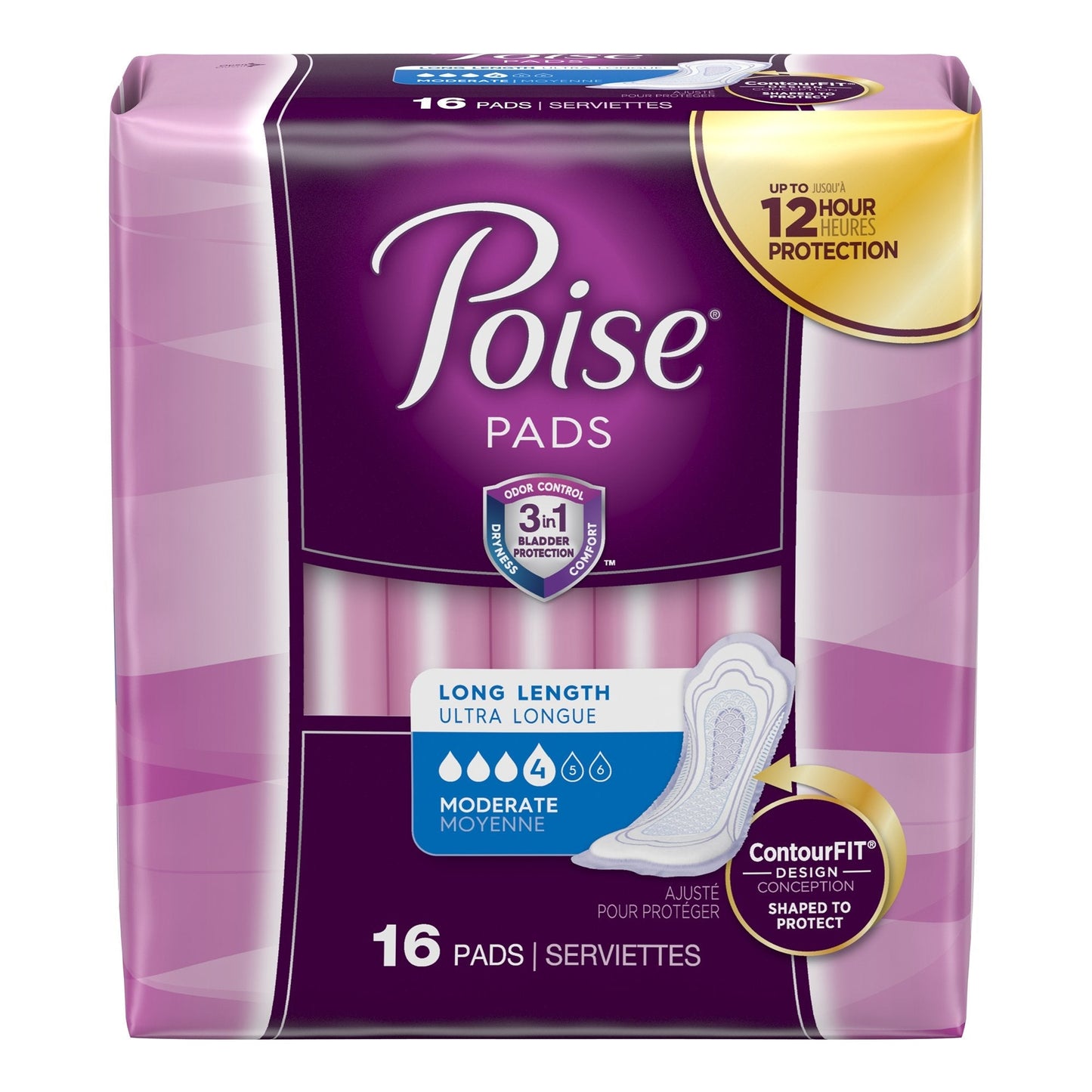 Poise Bladder Control Pads, Adult Women, Moderate Absorbency, Disposable, 12.4" Length, 16 ct